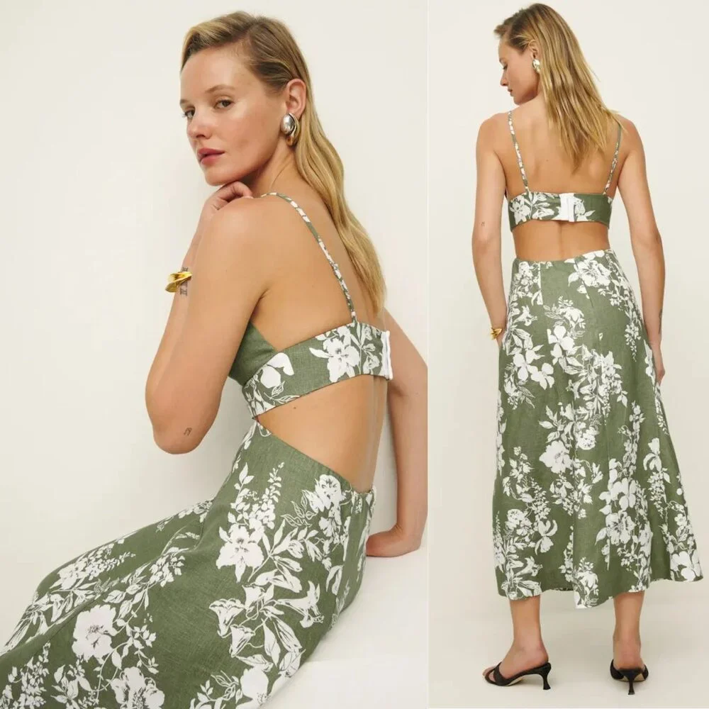 Reformation Samara Midi Dress Willow Green Floral Linen Cut Out Open Back Size 2 - Picture 2 of 11